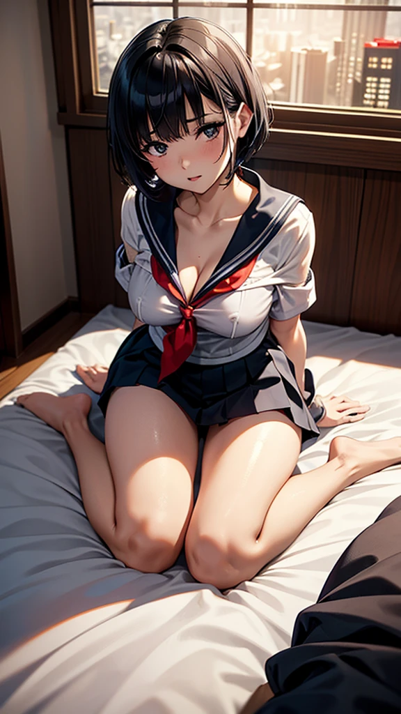 Black Hair,Sailor suit,Short Hair,See-through,,Off the shoulder,Cleavage,From below,On all fours:1.5,,hotel room with bed,:1.5. Tokyo night view,Open your legs as wide as you can,M-shaped legs,orgasm