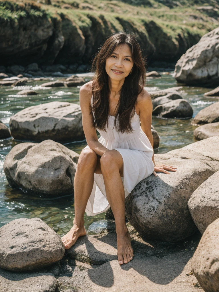 RAW PHOTO, her name is Dolores, high quality, 1 old woman, ((58-year-old slim filipina woman)), (((58 years old))), ((slim body)), ((wrinkled body)), (((old body))), (((long hair))), she is wearing a modest Generation X flowy sundress, POSE: sitting, BREAK, BACKGROUND: outdoor, rocks by the beach, film grain, instagram photo