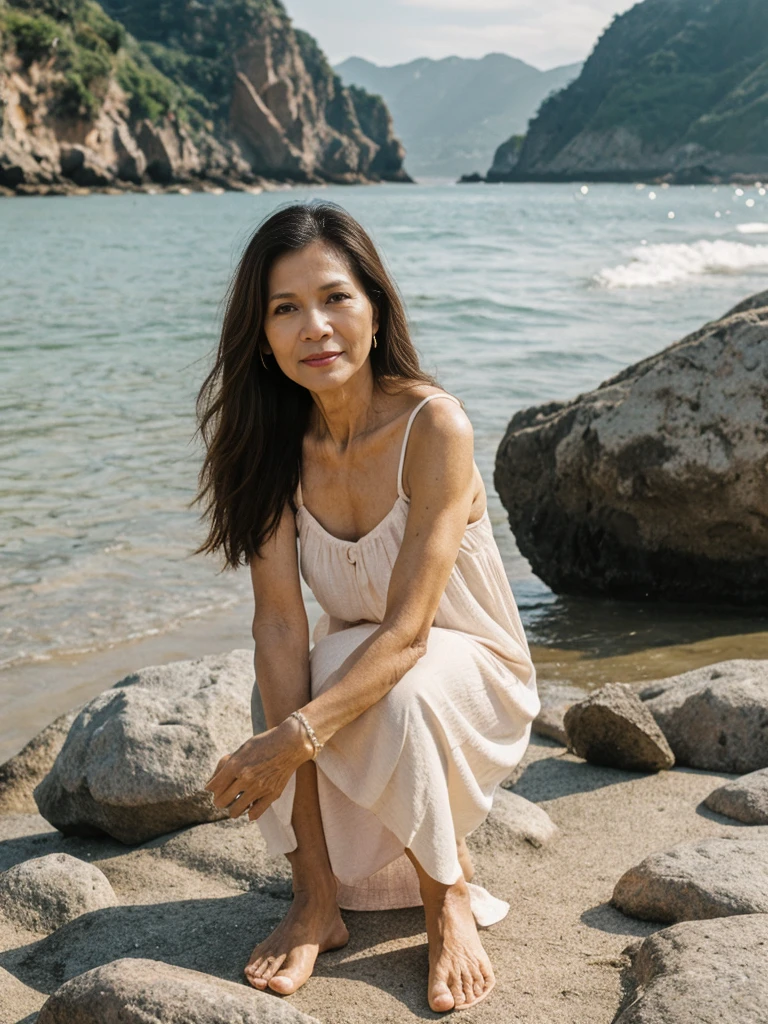 RAW PHOTO, her name is Dolores, high quality, 1 old woman, ((58-year-old slim filipina woman)), (((58 years old))), ((slim body)), ((wrinkled body)), (((old body))), (((long hair))), she is wearing a modest Generation X flowy sundress, POSE: sitting, BREAK, BACKGROUND: outdoor, rocks by the beach, film grain, instagram photo
