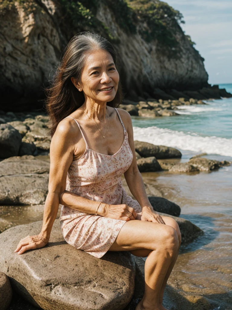 RAW PHOTO, her name is Dolores, high quality, 1 old woman, ((58-year-old slim filipina woman)), (((58 years old))), ((slim body)), ((wrinkled body)), (((old body))), (((long hair))), she is wearing a modest Generation X flowy sundress, POSE: sitting, BREAK, BACKGROUND: outdoor, rocks by the beach, film grain, instagram photo