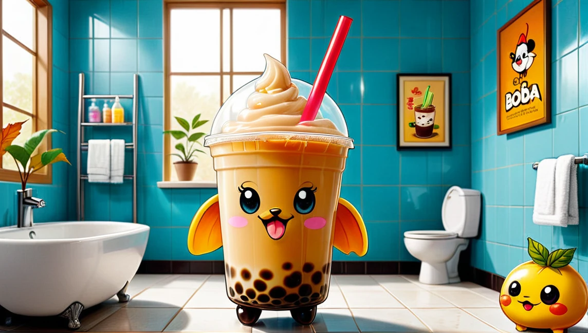 Snail drinking Maple Boba Bubble Tea in Bathroom, Style of Hanna-Barbera 