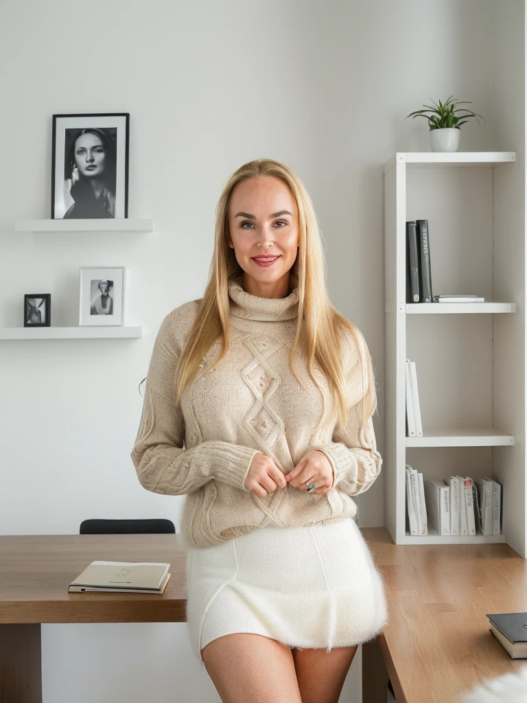 1 girl, (((Gretchen Barretto))), photorealistic photo of Gretchen Barretto, photo of a Swedish woman, cleavage, (((full lips and wide forehead))), middle age, (((Blonde long straight hair))), (((50-year-old woman))), body of 45-year-old woman, (((wrinkles on her face and body))), (((she is dressed in a tight fluffy woolen sweater, tight miniskirt, white knee high socks,))), (((dynamic pose))), she is looking at the camera smiling, (((she seductively stands in her modern study room, surrounded by sleek, minimalist furniture. The room is bathed in natural light streaming through large windows, emphasizing the clean lines and neutral tones of the decor. A spacious desk occupies one corner, clutter-free except for a laptop and a few carefully arranged books. The walls are adorned with abstract artwork or shelves displaying a collection of thoughtfully chosen items. The atmosphere is serene, fostering concentration and creativity, making it an ideal space for focused work or peaceful contemplation))), she is looking at the camera smiling, (((butt out)))