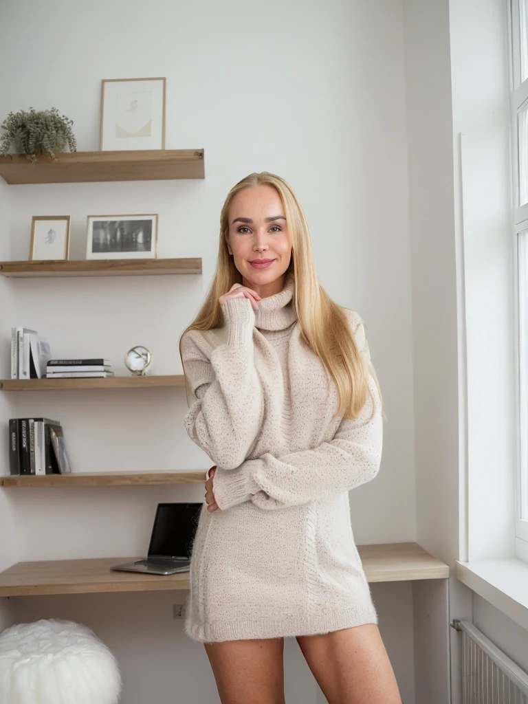 1 girl, (((Gretchen Barretto))), photorealistic photo of Gretchen Barretto, photo of a Swedish woman, cleavage, (((full lips and wide forehead))), middle age, (((Blonde long straight hair))), (((50-year-old woman))), body of 45-year-old woman, (((wrinkles on her face and body))), (((she is dressed in a tight fluffy woolen sweater, tight miniskirt, white knee high socks,))), (((dynamic pose))), she is looking at the camera smiling, (((she seductively stands in her modern study room, surrounded by sleek, minimalist furniture. The room is bathed in natural light streaming through large windows, emphasizing the clean lines and neutral tones of the decor. A spacious desk occupies one corner, clutter-free except for a laptop and a few carefully arranged books. The walls are adorned with abstract artwork or shelves displaying a collection of thoughtfully chosen items. The atmosphere is serene, fostering concentration and creativity, making it an ideal space for focused work or peaceful contemplation))), she is looking at the camera smiling