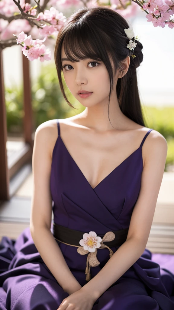 Anime girl in a purple and black dress with a purple sakura flower in her hair, artwork in the style of Gweitz, Gweitz, japanese Girl, Trending on cgstation, Cute anime in a nice dress, Gweitz on pixiv artstation, palace , Girl in Hanfu, Beautiful digital art, Gweitz on artstation pixiv