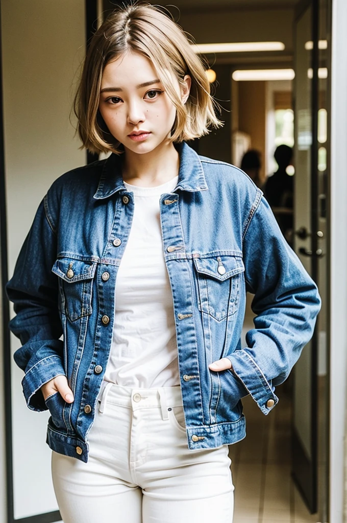 Top quality, 1 beautiful woman, super short hair, blonde hair, Denim Jacket & white pants , Put Index Finger on Mouth, Sunlight