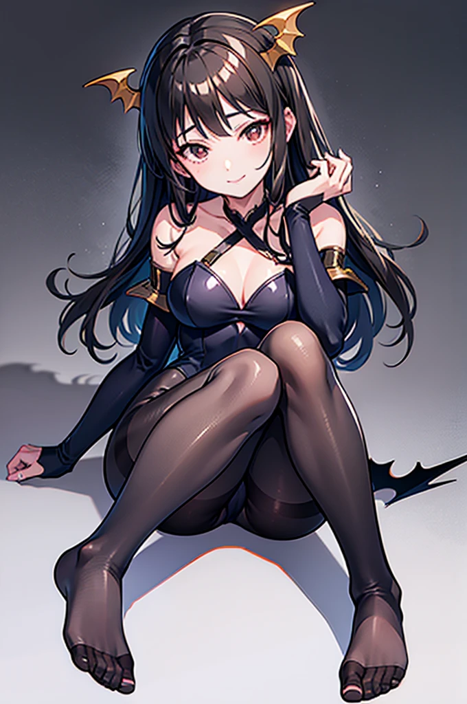 Highest quality Highest quality Draw a face carefully High-definition anime-style face Super Glowing Skin Long black hair Brown leotard Golden pantyhose Succubus lure smile Show the soles of your feet Close up of the soles of the feet