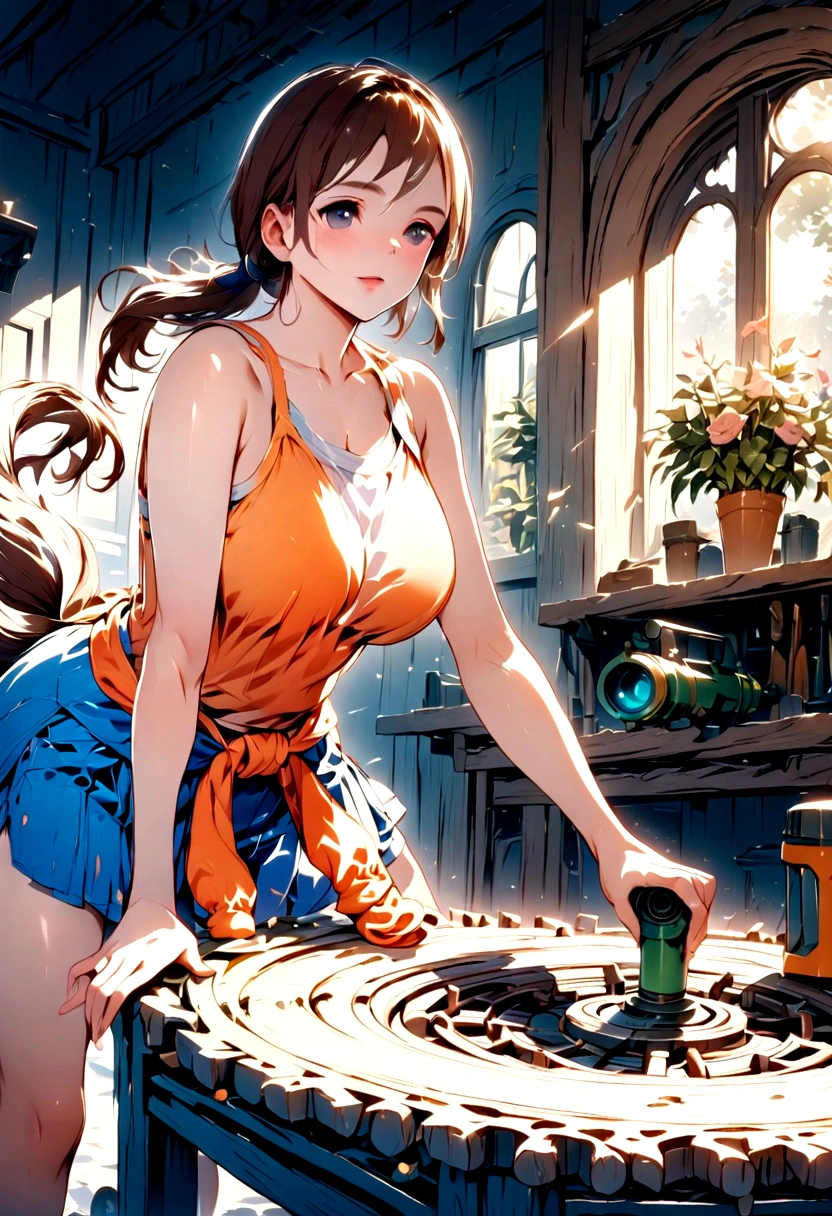 chell, Horse tail, Sleeveless, clothing around the waist, cleaning a Portal gun at a workbench, Bright morning sunlight shining through the window. (stylezrpg) (Masterpiece:1.2) (illustration:1.2) (Best Quality:1.2) (detailed) (intricate) (8k) (HDR) (cinematic lighting) (sharp focus)