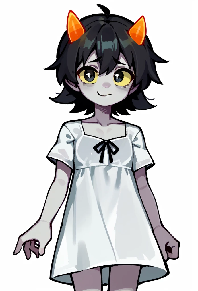 score_9, score_8_up, score_7_up, score_6_up, score_5_up, score_4_up, source_anime, lain, solo, 1girl, young adult, light gray skin, black hair, black eyes, yellow sclera, sad smile, looking at viewer, long bangs, hair between eyes, two tiny orange horns, pitch black pupils, long sidelocks, thin eyebrows, colorful, soft artstyle, flat chest, tired droopy soft eyes, gray skin, white simple nightgown, simple background, solid colour white background, floating in air, levitating, hand held out toward viewer, rating_safe, ghost girl, uneven hair, white void background,