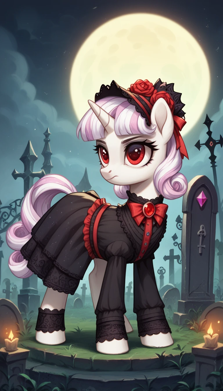 score_9,score_8_up,score_7_up,score_6_up, filly, unicorn, white fur, red eyes, Gothic pony, lolita fashion, glowing backlight, fashion show, graveyard, glitter, whimsical, enchanted, magical, fantasy art concept, intricate details,