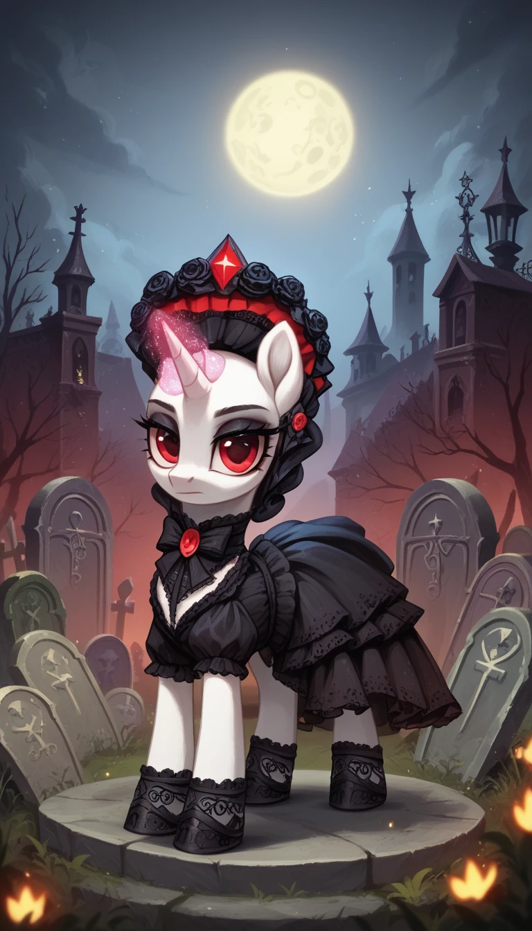 score_9,score_8_up,score_7_up,score_6_up, filly, unicorn, white fur, red eyes, Gothic pony, lolita fashion, glowing backlight, fashion show, graveyard, glitter, whimsical, enchanted, magical, fantasy art concept, intricate details,