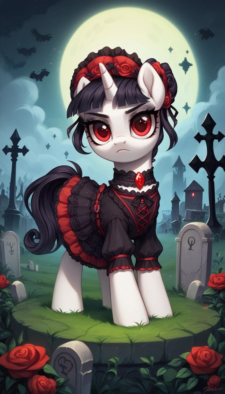 score_9,score_8_up,score_7_up,score_6_up, filly, unicorn, white fur, red eyes, Gothic pony, lolita fashion, glowing backlight, fashion show, graveyard, glitter, whimsical, enchanted, magical, fantasy art concept, intricate details,