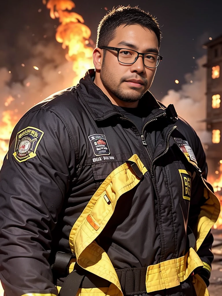 crew cut, (((full body))), (((landscape))), mature man, [slightly fat], asian man, rounded face, brown eyes, ((rounded face)), glasses, balding, 1boy, Solo, (big shoulders), (((stubbles, Short beard))), firefighter, in action, fire building, sweat,