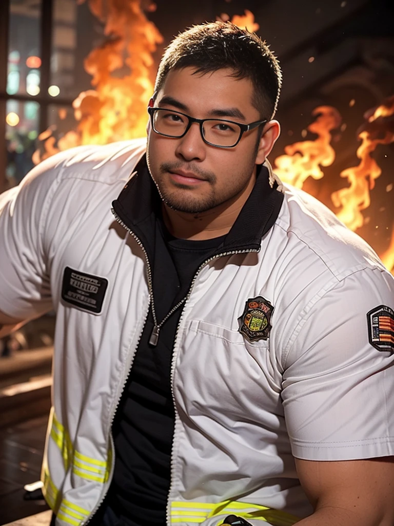 crew cut, (((full body))), (((landscape))), mature man, [slightly fat], asian man, rounded face, brown eyes, ((rounded face)), glasses, balding, 1boy, Solo, (big shoulders), (((stubbles, Short beard))), firefighter, in action, fire building, sweat,