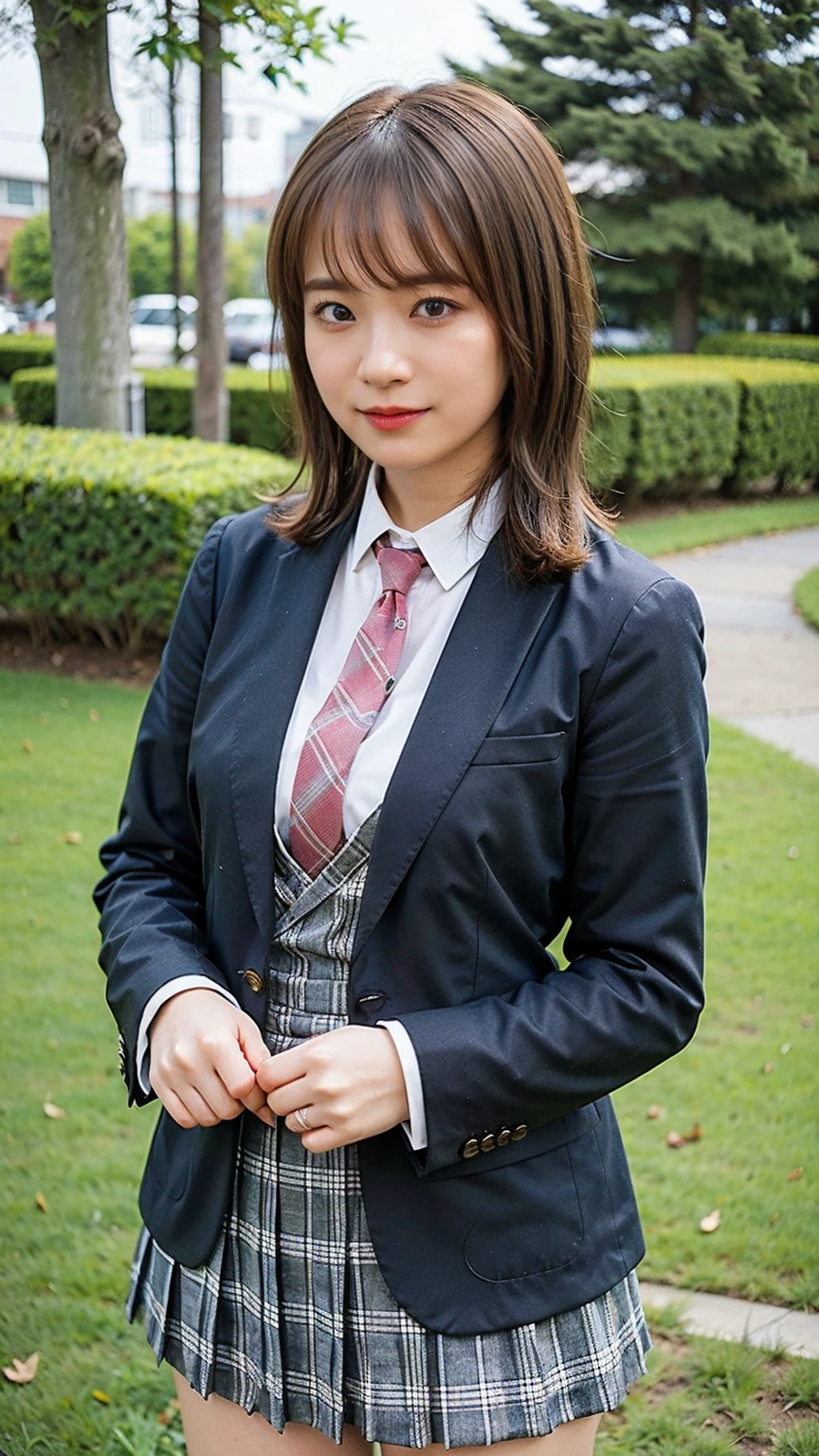 (8K、RAW Photos、Highest quality、masterpiece:1.2)、(Realistic、Realistic)、1 Girl、((Black Check Mini Skirt、High School Uniform、smile、blazer、Navy Socks、loafers、garden、View from the front、Looking into the camera、Stand with hands on hips))、cute