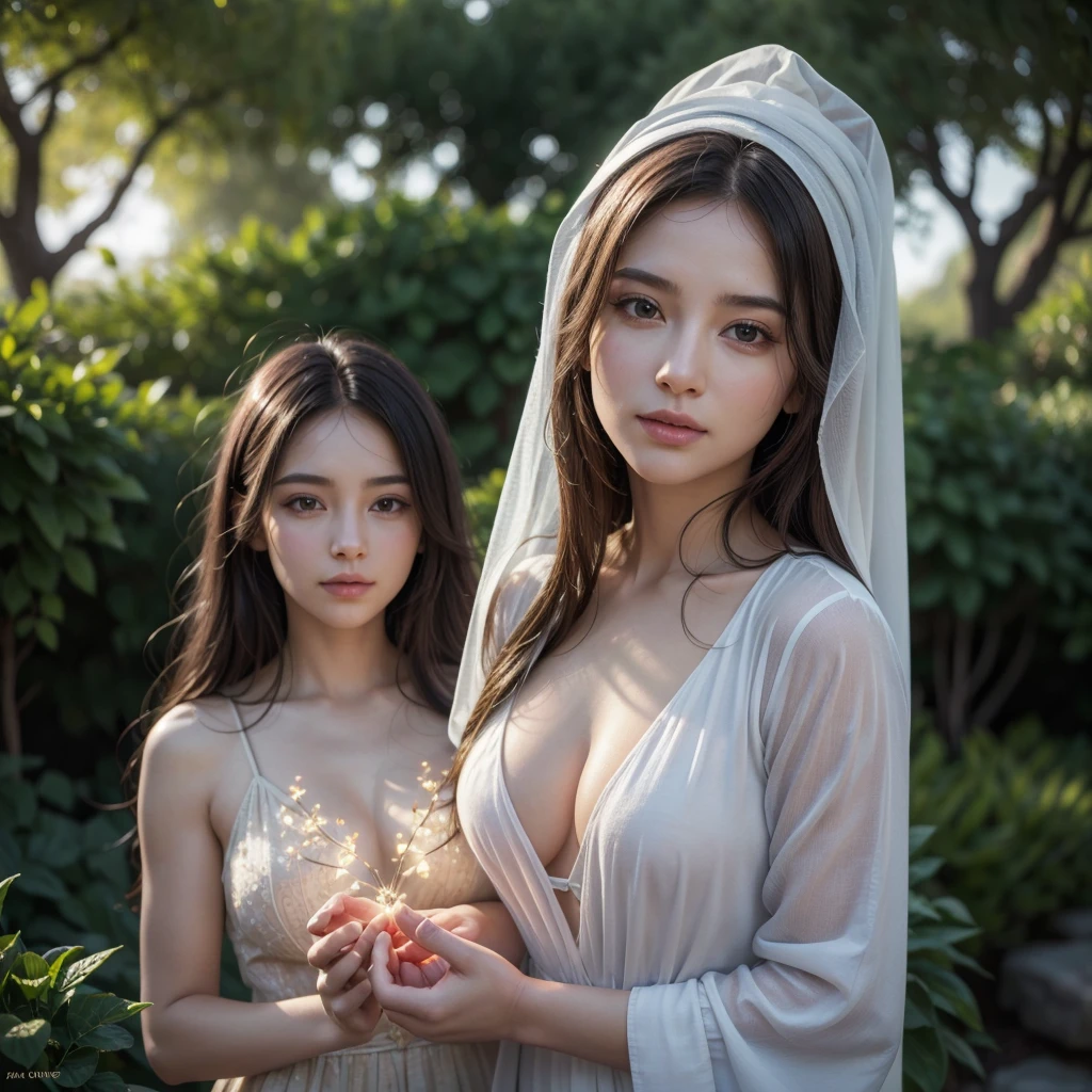 a beautiful glowing woman in a garden, (best quality,4k,8k,highres,masterpiece:1.2),ultra-detailed,(realistic,photorealistic,photo-realistic:1.37),HDR,UHD,studio lighting,ultra-fine painting,sharp focus,physically-based rendering,extreme detail description,professional,vivid colors,bokeh,portrait,glowing lights,warm lighting,radiant,luminous,divine,spiritual,religious,biblical,faith,hope,peace,tranquil,serene