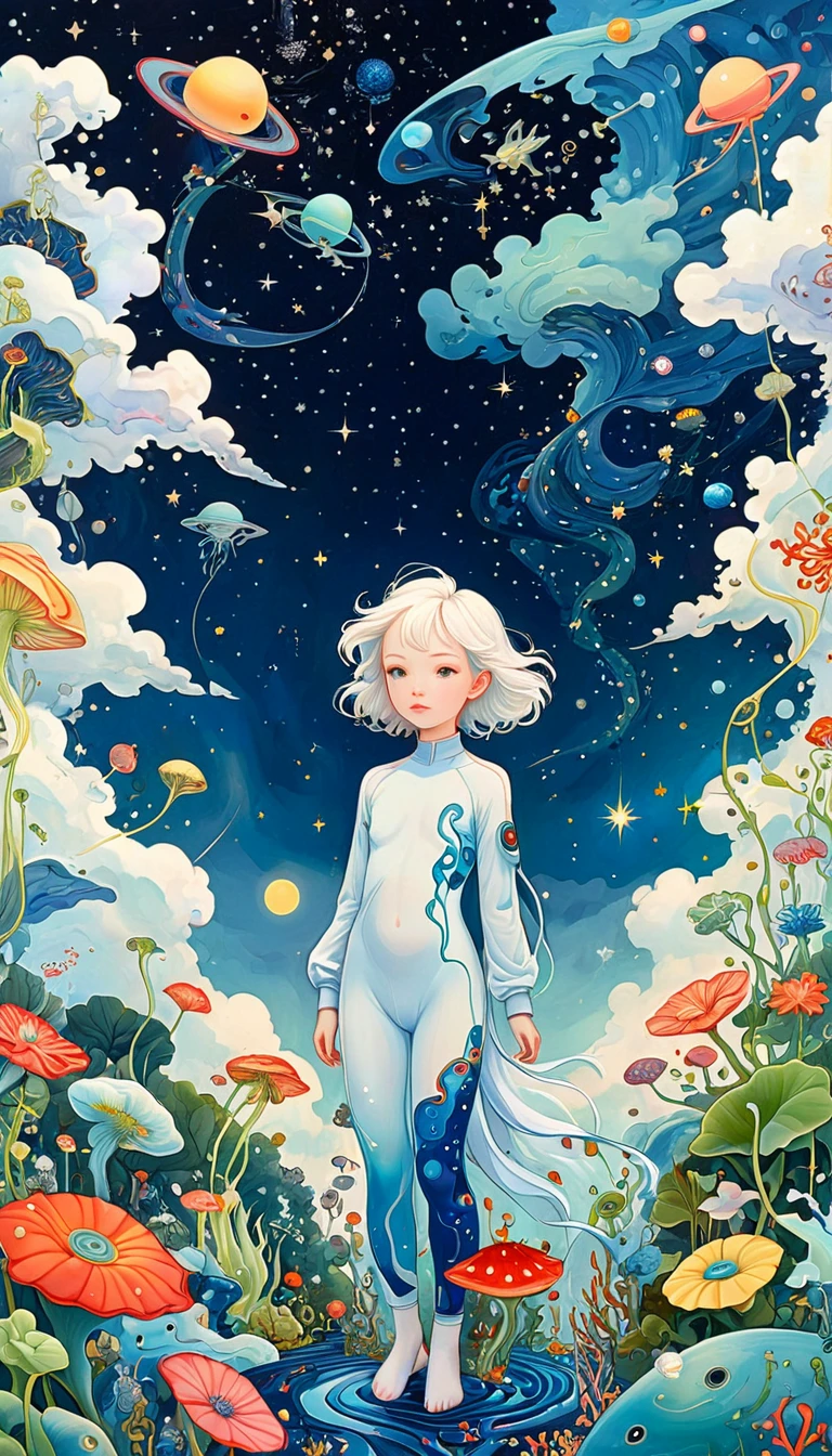 (((James Jean styles:1.5))),microorganism、plant、Marine life、Exquisite eyes、Starry Sky,Stitching together an abstract painting,Describing the inner world of autistic people,Sense of space,White Space,interesting,Innocence,Psychedelic Art
