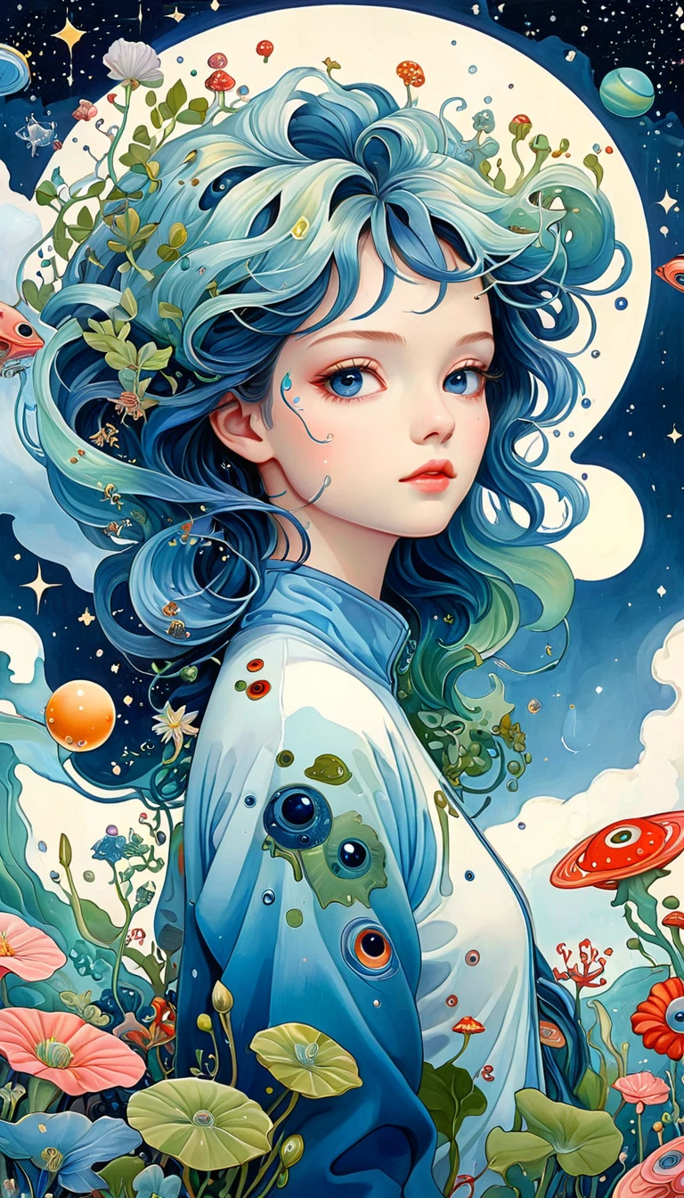 (((James Jean styles：1.5)))，microorganism、plant、Marine life、Exquisite eyes、Starry Sky，Stitching together an abstract painting，Describing the inner world of autistic people，Sense of space，White Space，interesting，Innocence，Psychedelic Art