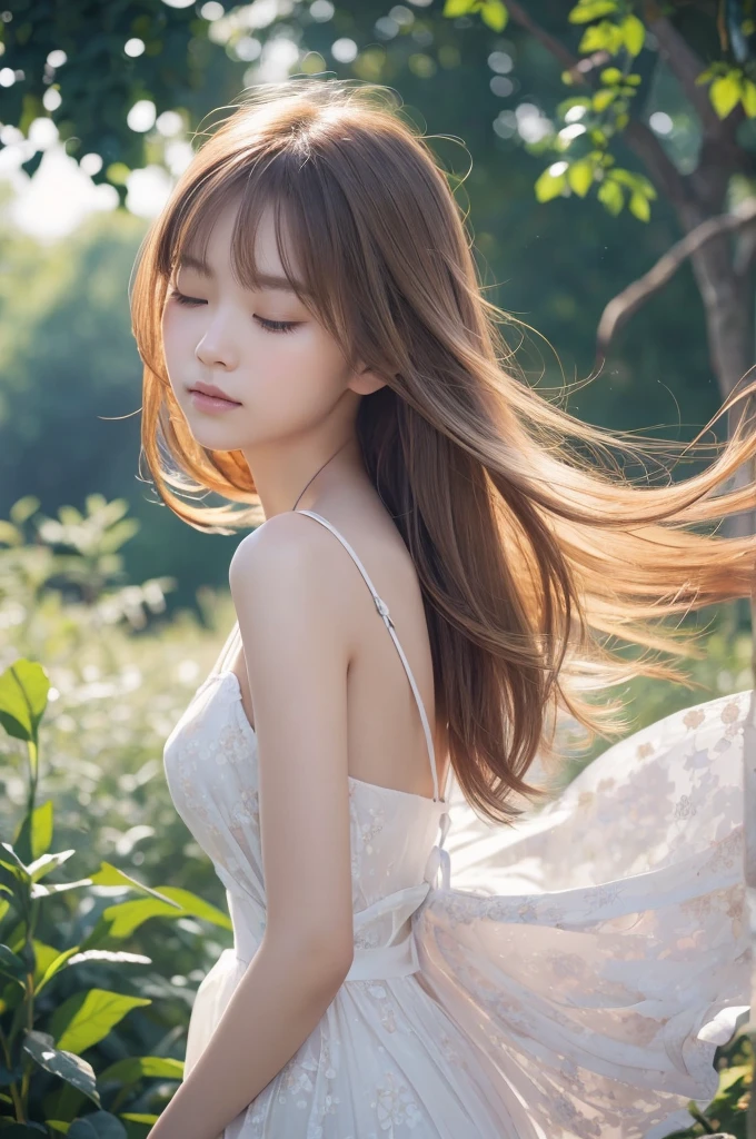 A beautiful Japanese girl is depicted in a vertical, ultra-realistic illustration. She has short, light-colored hair that frames her delicate face, with her eyes closed in a serene expression. She wears a thin, translucent dress with a subtle floral pattern, the fabric gently clinging to her form. The soft lighting highlights her smooth skin and the delicate textures of the dress, creating a dreamy, ethereal atmosphere.

The background is minimalistic and light, emphasizing the girl's calm and peaceful demeanor. The artist employs digital painting techniques to achieve high detail and realism, particularly in the rendering of her hair, skin, and the semi-transparent fabric of the dress. The use of soft gradients and subtle shadows enhances the sense of depth and realism, making the image both captivating and serene.