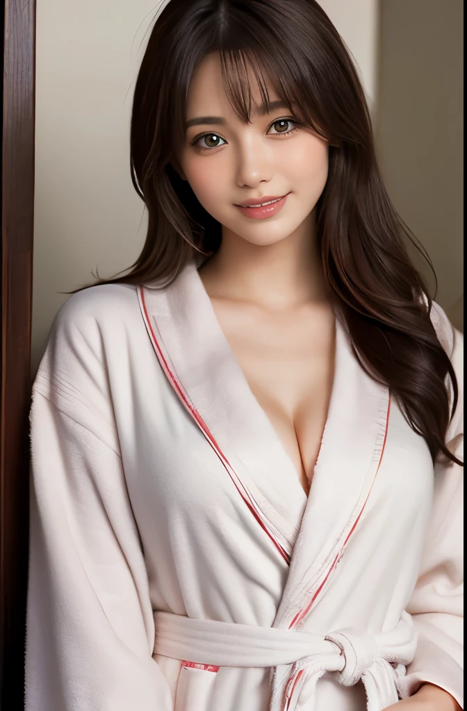 (Realistic: 1.4), (Highest quality: 1.4), Ultra-high resolution, (fine grain),((Gravure pose)),One Young Woman,((Wearing a bathrobe)),smile,Sunburn mark,Big eyes,Blushed,Highly detailed face and skin texture, Healthy Skin,(bedroom),8K resolution