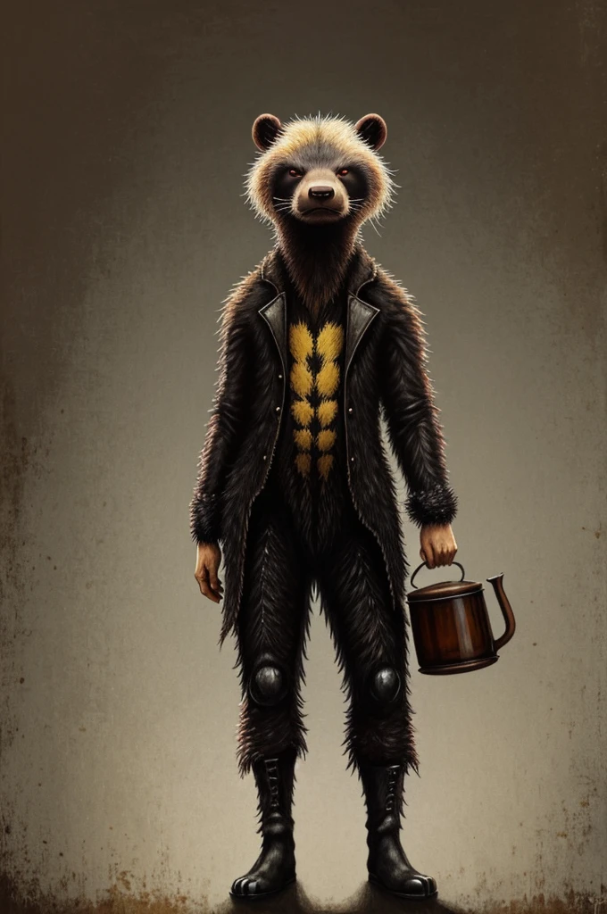 painting of a honey badger, honey tea, Full body concept, Creepy and gloomy art style., detailed but rough