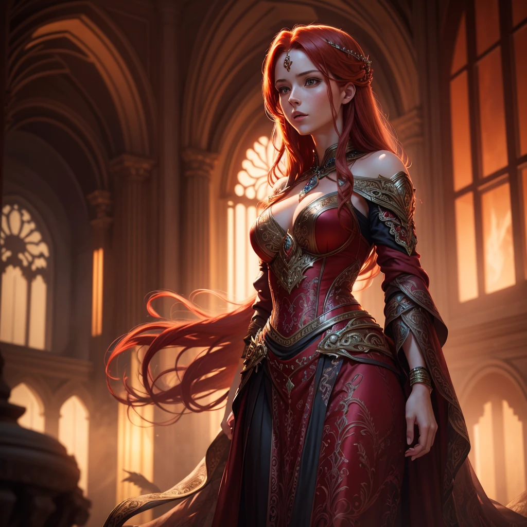 A beautiful, sensual red-haired goddess, hyper detailed, masterpiece, 8k, cinematic lighting, dramatic pose, goddess, divine, elegant, photorealistic, intricate details, flowing dress, ethereal beauty, volumetric lighting, dramatic chiaroscuro, ultra-detailed, vibrant colors, dramatic lighting, cinematic framing