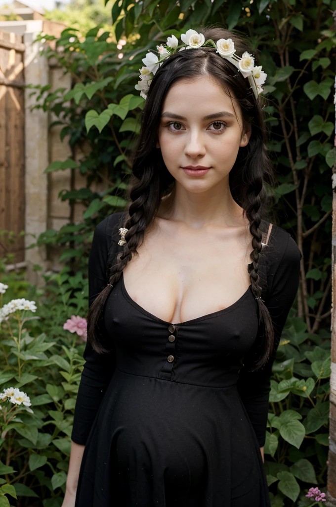 1 woman, 25 years old, 7 months pregnant, british, very pale skin, white skin, black hair, straight hair, long hair, braids, onyx black eyes, straight nose, small button nose, big eyes, long eyelashes, very pretty woman, pink lips, medium size breast, thin waist, slightly smile, flower crown, in the garden, standing, color black dress, full body