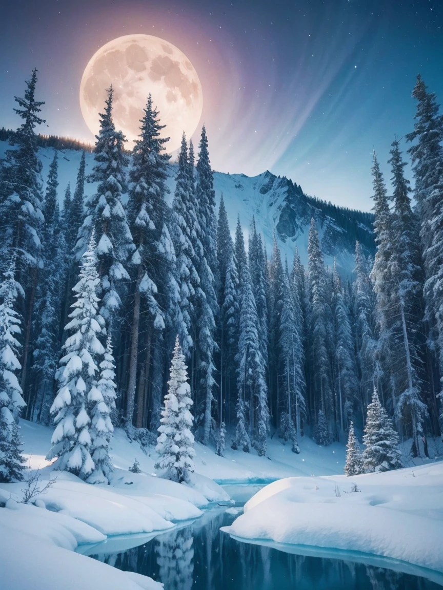 A beautiful Arctic landscape painting，Painted in various shades of ethereal blue, Showcasing the pristine beauty of glaciers, And the endless frozen forest. A landscape full of feminine curves. The raised breasts are reminiscent of full breasts. The soft light of the moon is reflected on the crystal ice，Adds to the tranquil atmosphere, Creating a mesmerizing picture of pure tranquility and awe-inspiring natural wonders. Northern Lights. National Geographic Style. masterpiece. Ultra HD.