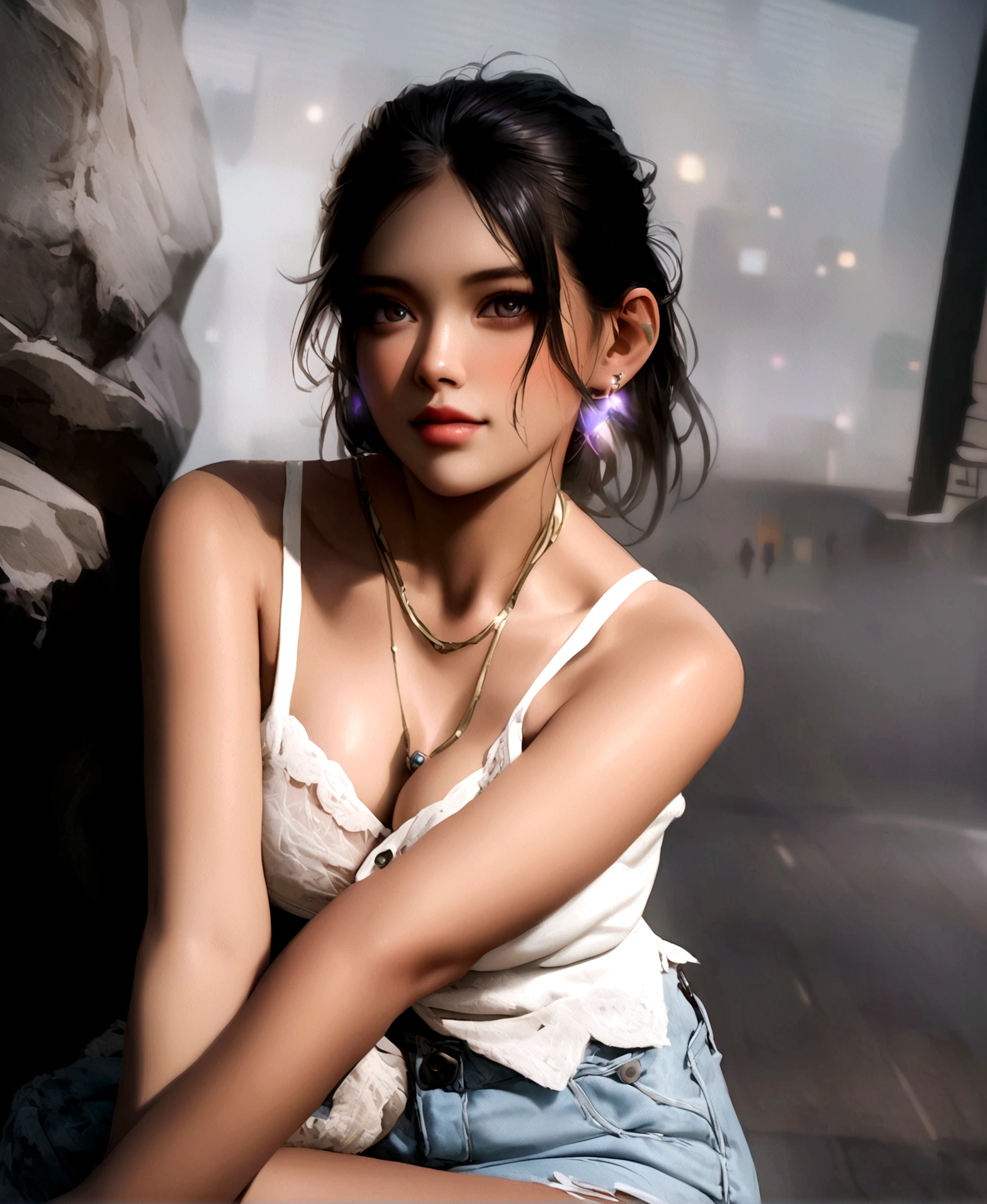 Create cyberpunk handsome girl ultra realstic with stone neckless change background to Cyberpunk city