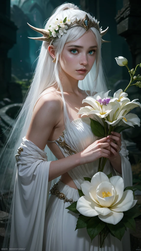 A beautiful woman in the flowers, (vermilion white :1.4) , green theme, low warranty color, (huge flowers white :1.4), (mujigreen_20240414122817:0.8) , masterpiece, best quality,Epic Fantasy Art Style HD, 4K fantasy art, epic fantasy digital art style, epic fantasy art style, Fantasy Woman, epic fantasy art portrait, Epic fantasy style, hyperrealistic fantasy art, hd fantasy art, Epic fantasy character art, epic fantasy art, in style of dark fantasy art, epic fantasy digital art, (pose vaquero),( face detailed :1.4),( iluminación cinematográfica :1.4), ,(Fondo de ruinas de mazmorra en ruinas:1.4 ), (Five Fingers, Four fingers and thumb),