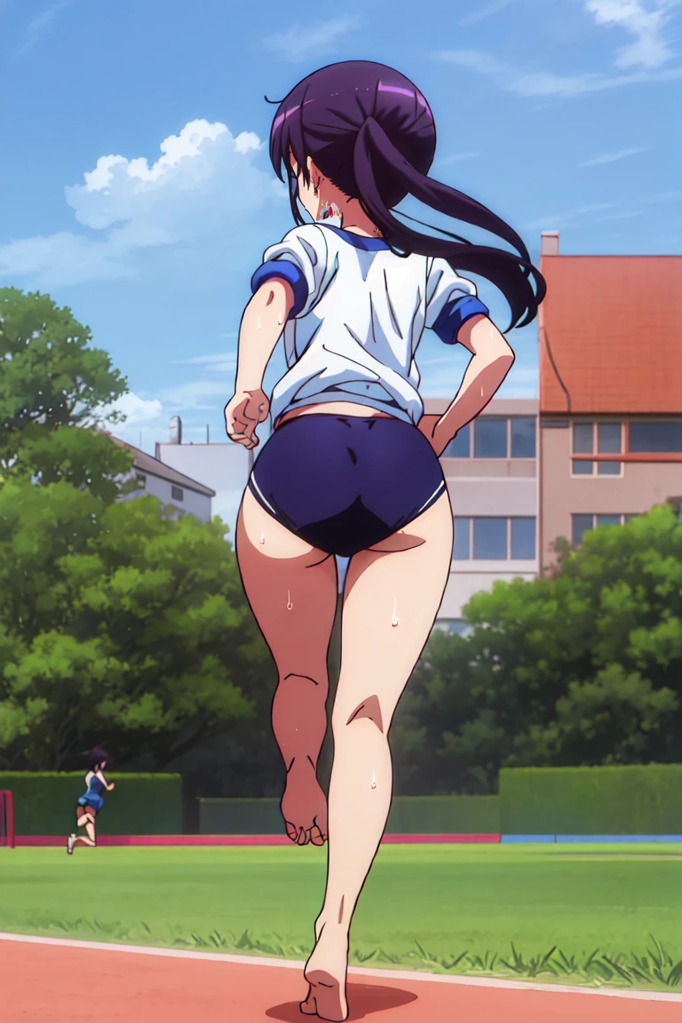 Full body view,back_view,The characters are、Please leave them alone.,A girl with a tired expression、Let me dash around the schoolyard,A girl running alone,gym shirts,Highest quality,back view,1990s anime style,White shirt and blue bloomers,Angry expression,barefoot,Sweating、Running with a tired look,