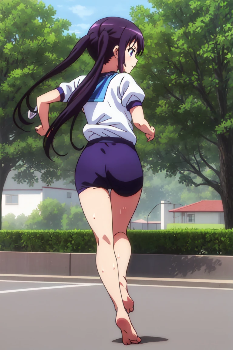 Full body view,back_view,The characters are、Please leave them alone.,A girl with a tired expression、Let me dash around the schoolyard,A girl running alone,gym shirts,Highest quality,back view,1990s anime style,White shirt and blue bloomers,Angry expression,barefoot,Sweating、Running with a tired look,