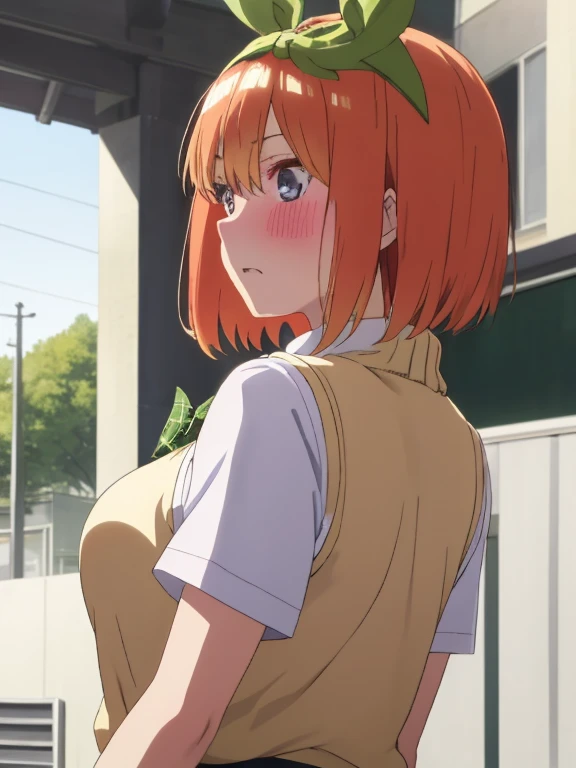 best quality, insanely detailed,yotsuba nakano, breasts, blush, back style, look into the distance, school background, sweater vest, white shirt, bowtie, short sleeves