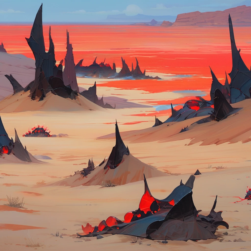 Old West, Desert, horizon, blue Night , from far, Oil paint, red sun,(only red and black color palette), Giant glass shards in sand, spiky glass structures, massive giant worm crawling in the dunes, sand dunes, dune, worm