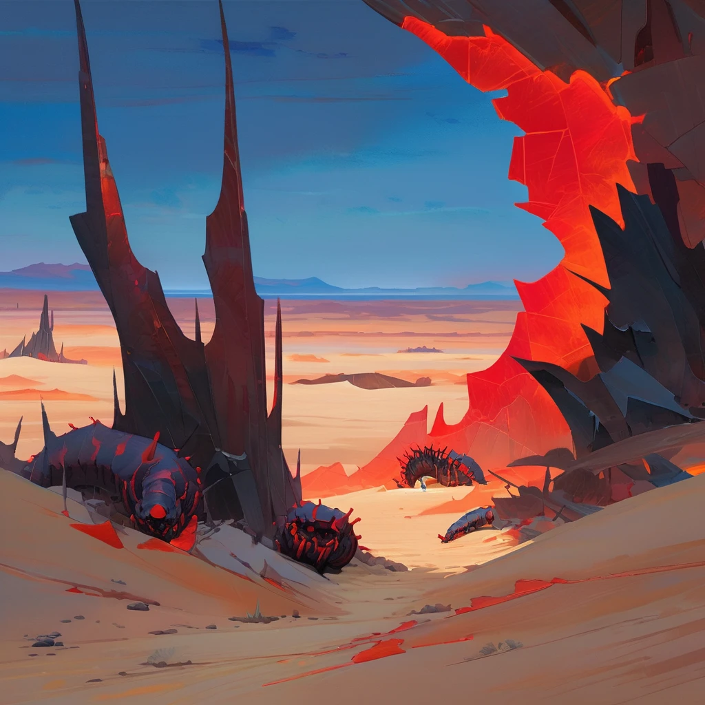 Old West, Desert, horizon, blue Night , from far, Oil paint, red sun,(only red and black color palette), Giant glass shards in sand, spiky glass structures, massive giant worm crawling in the dunes, sand dunes, dune, worm