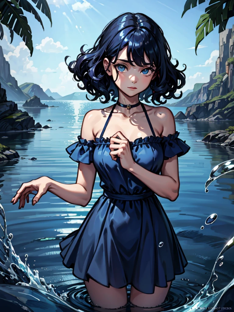 girl，Dark blue hair，curls，Water Element，Blue clothes，cute，Fair