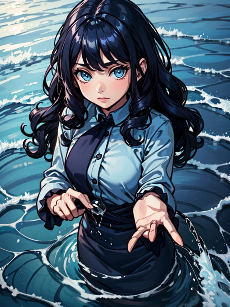 girl,Dark blue hair,curls,Water Element,Blue clothes,cute,Fair
