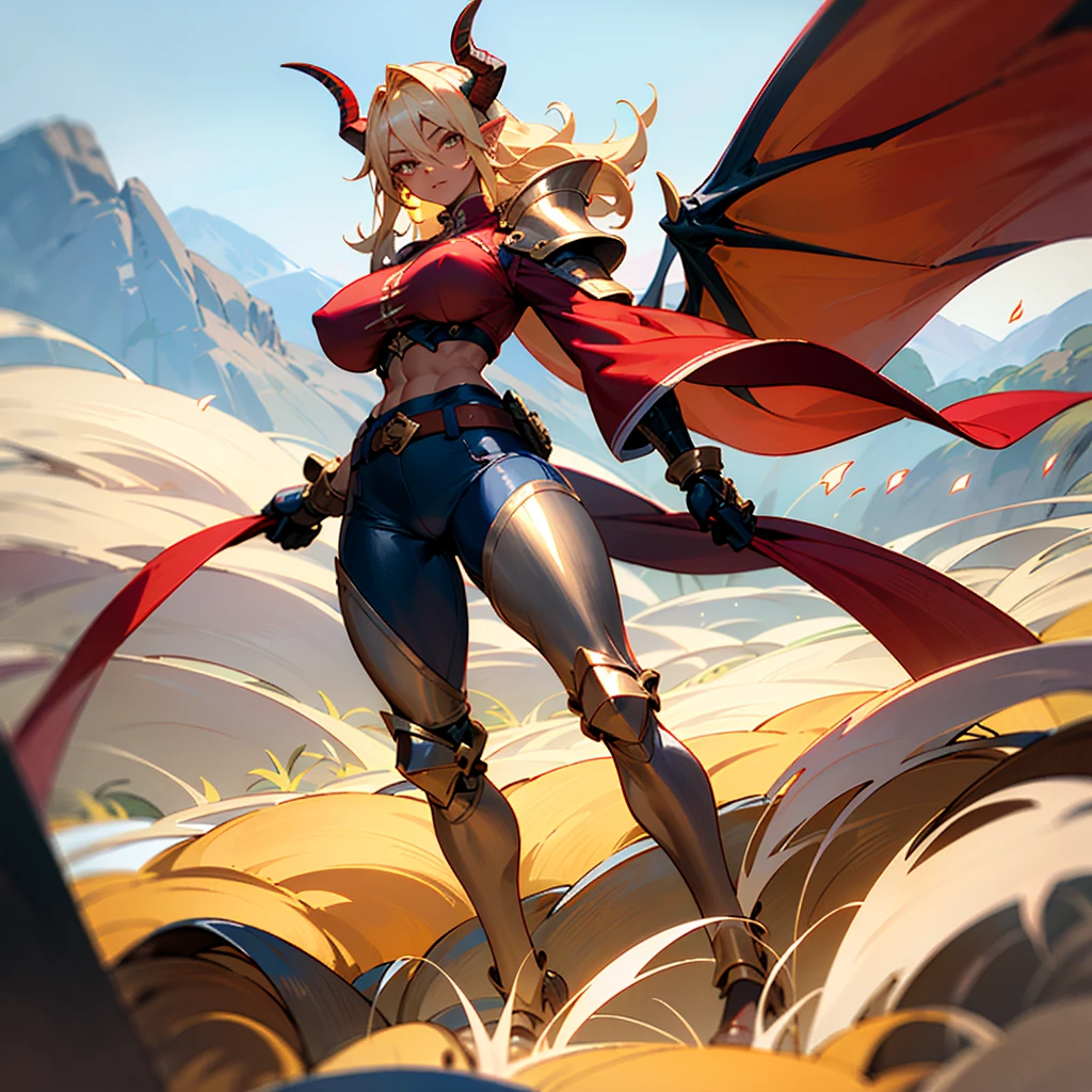 1girl, 8k_wallpaper, extremely detailed eyes, extremely detailed body, (large masterpiece digital art), ((perfect anatomy huge chest)), (intricate details:1.3), (ultra-detailed:1.3), (sharp focus:1.3), (natural lighting:1.05), (vivid colors:1.3), (best quality:1.4), high quality, expressive eyes, full body, tall girl, detailed face, beautiful face, perfect face, detailed ((blonde hair)), (gold eyes), ((big red horns)), {{dark skin}}, ({dark skinned female}), gigantic breasts, thick thighs, a young Korean woman, (with golden eyes), (ponytail), {tanned dark bronze skins), powerful sculpted leg muscles, powerful sculpted arm muscles, powerful sculpted abdominal muscles, sculpted thigh muscles, wears a red coat with rolled up sleeves, gold-colored steel heavy armor, a wide red leather belt with silver thread, leather pants with steel thigh guards, leather steel gloves, a dryad with dragon blood in a dark fantasy style walks along a flower meadow on the distant mountains in the background of mountains,
