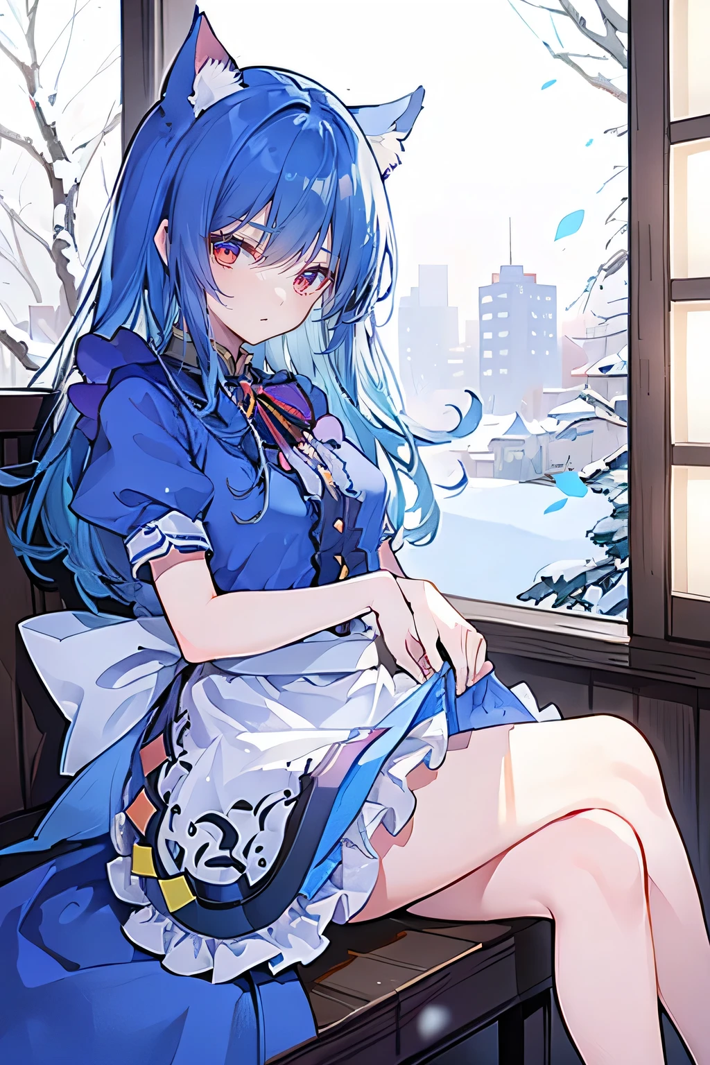 (masterpiece:1.2),Super detailed,lifelike,Expressive eyes,fair skin,perfect face shape,1 girl,
Japanese comics,Gorgeous blue hair,flowing blue hair,flowing clothes,Cat ears,Petals fall,beautiful lola,Baby Angel,
,Cross your legs,Gentle and peaceful background,The pavilion is cool and comfortable, maid outfit, maid,cafes,In front of the window,,snowing。