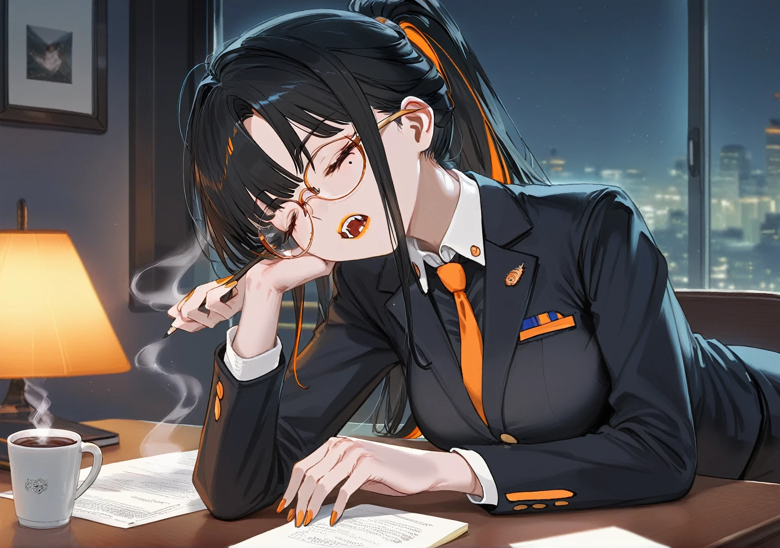 masterpiece, best quality, score_9,1older woman,orange lipstick,secretary outfit,siren glasses,mole,ponytail,orange and black hair,black hair,orange streaks,fangs,sleeping,night,black bed,1woman,sitting on desk,looking at viewer, holding coffee,high quality,detailed