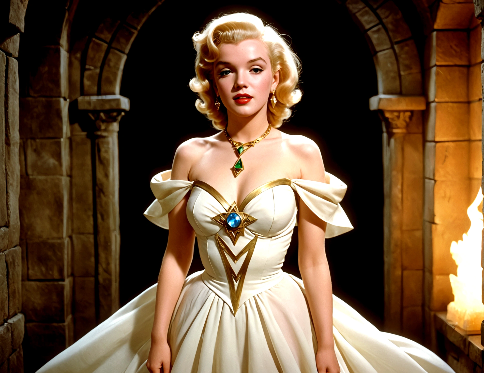 (Marilyn Monroe (age 25) sheer Zelda outfit), makeup and elf ears, playing the role of princess zelda. Damsel in distress in a lavishly appointed magic dungeon
