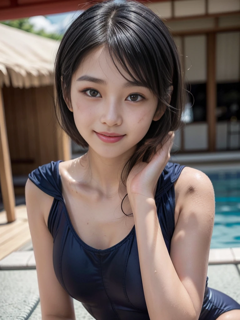 short-hair、hi-school girl、(Japan School Swimwear、Navy blue one-piece swimsuit、Student swimsuit in navy blue:1.3)、whole body：1.3、hightquality、超A high resolution, (Photorealsitic:1.4), Japanese, (Beautiful:1.1), (One Woman:1.5), (35 year old:1.3), (photorealistic photos:1.2), in 8K,  (独奏、One person:1.5),、A smile、Behind the photo、Bangs straight、Hime cut,A big smile、Pool、Bangs：1.5,(((((Sunburn、Very sunburned、かなりSunburnしている、Black shine、Dark Skin)))))