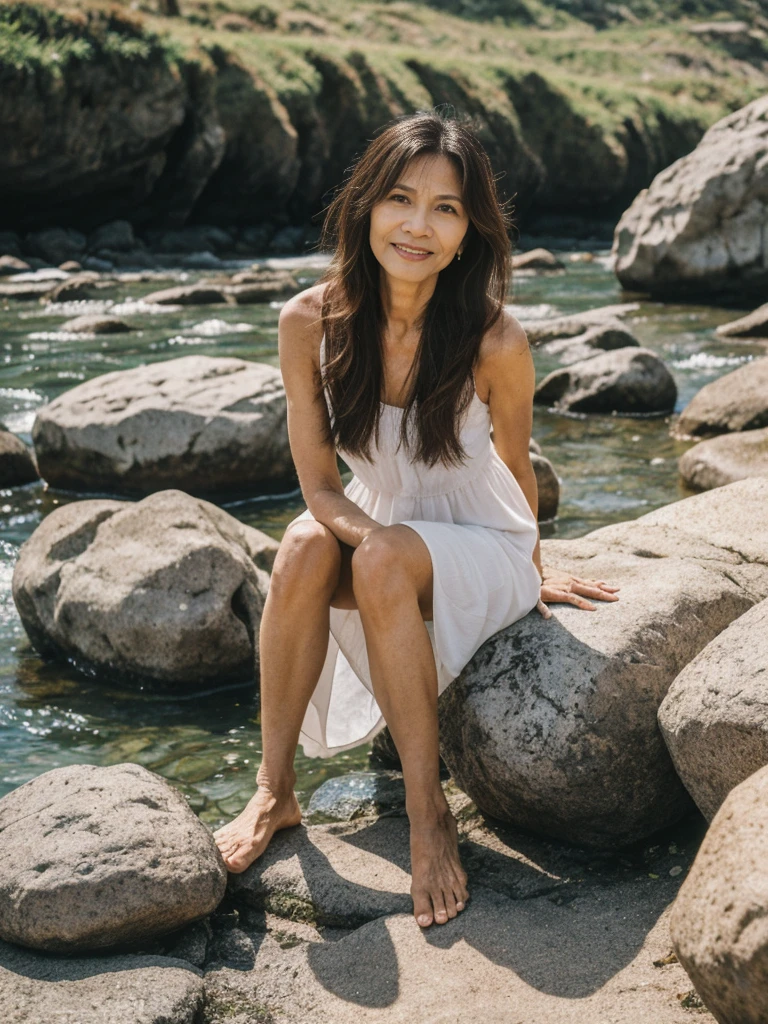 RAW PHOTO, her name is Dolores, high quality, 1 old woman, ((58-year-old slim filipina woman)), (((58 years old))), ((slim body)), ((wrinkled body)), (((old body))), (((long hair))), she is wearing a modest Generation X flowy sundress, POSE: sitting, BREAK, BACKGROUND: outdoor, rocks by the beach, film grain, instagram photo