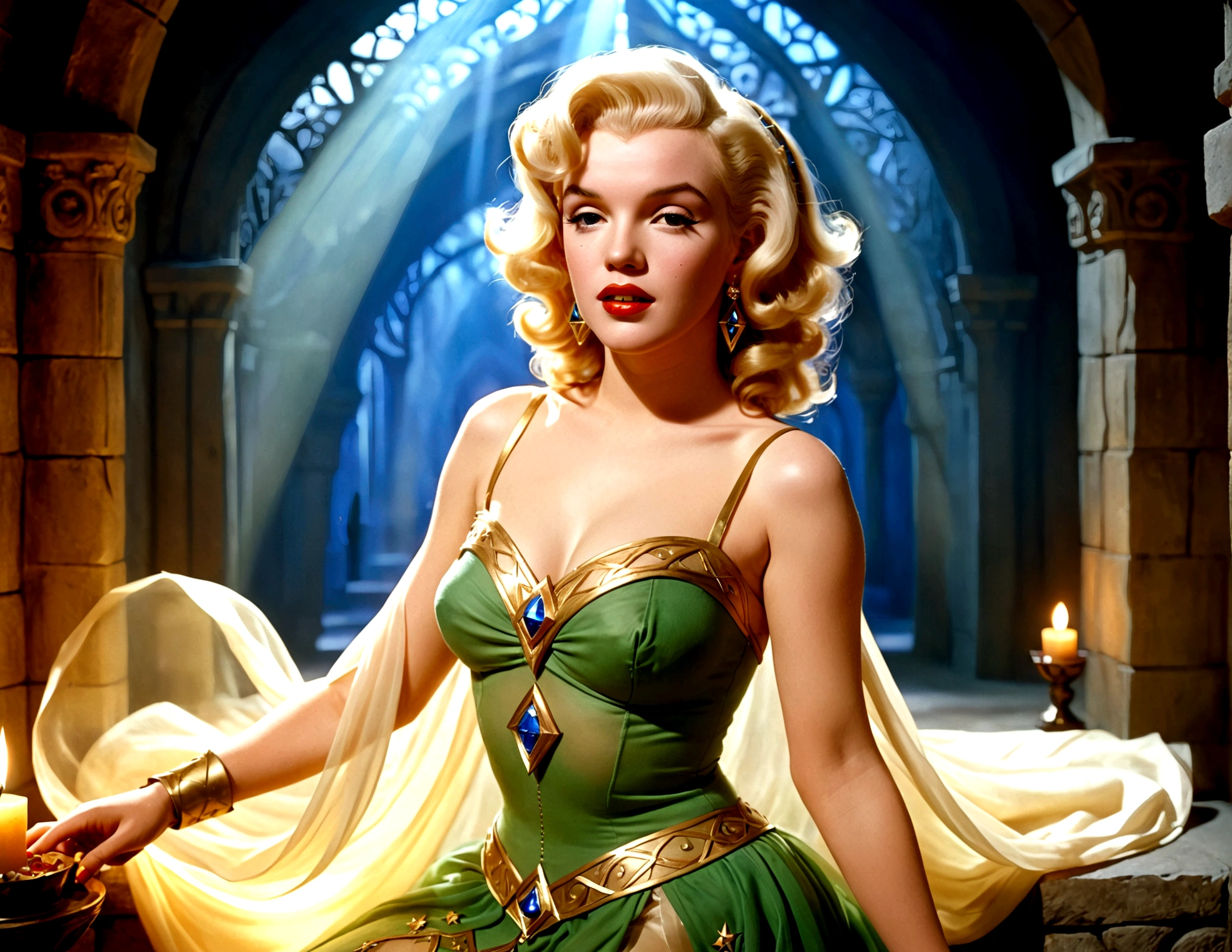(Marilyn Monroe (age 25) sheer Zelda outfit), makeup and elf ears, playing the role of princess zelda. Damsel in distress in a lavishly appointed magic dungeon