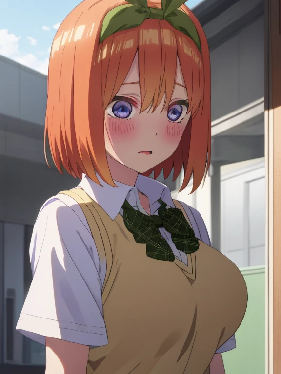 best quality, insanely detailed,yotsuba nakano, breasts, blush, back style, look into the distance, school background, sweater vest, white shirt, bowtie, short sleeves