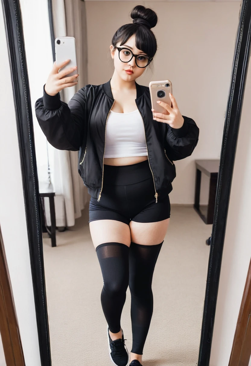 brunette girl, a little chubby, culona, wide legs, waist a little big, with leggings, a black and white jacket, short black hair with bun and oval glasses, taking a selfie of their entire body in the mirror, small stature