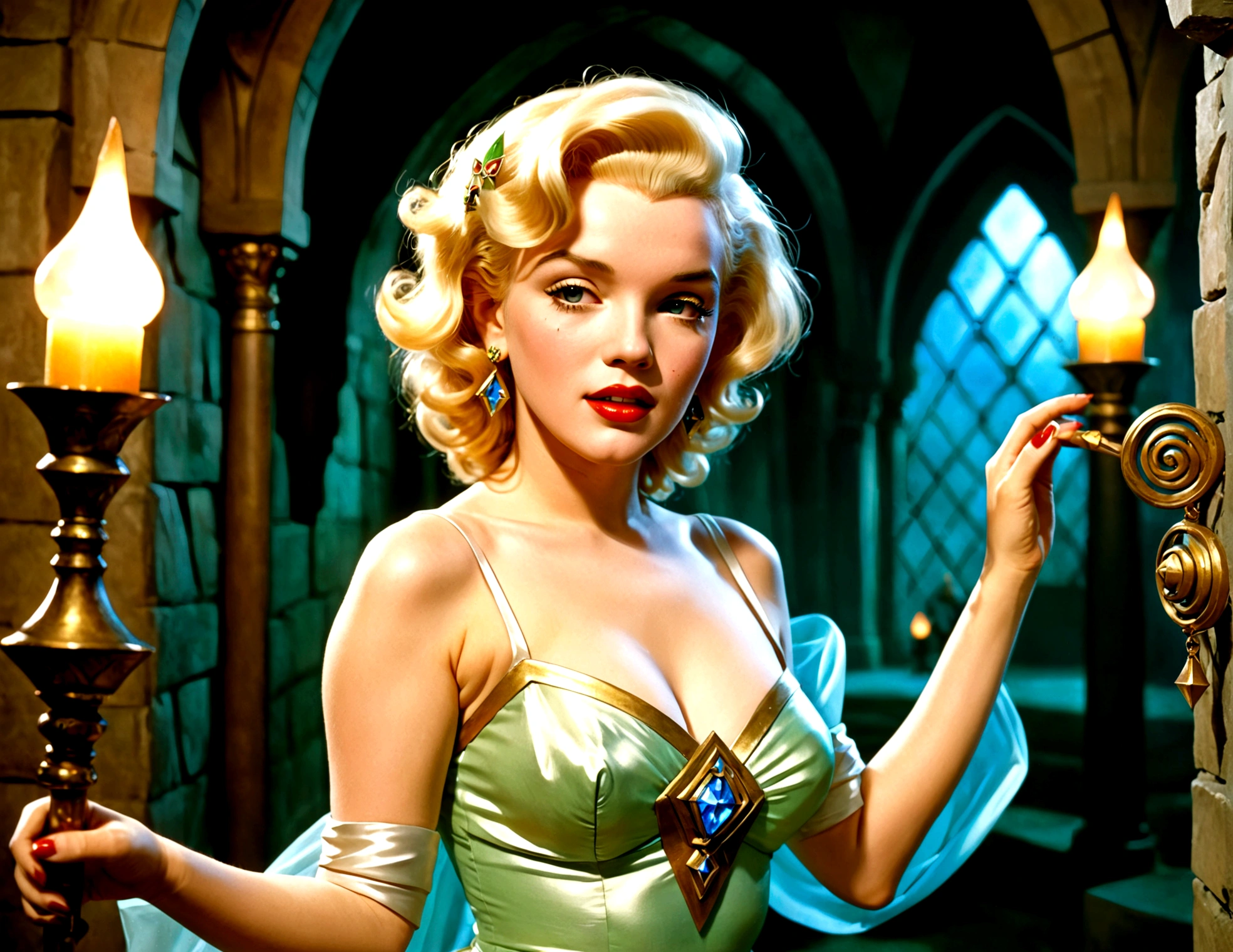 (Marilyn Monroe (age 25) sheer Zelda outfit), makeup and elf ears, playing the role of princess zelda. Damsel in distress in a lavishly appointed magic dungeon
