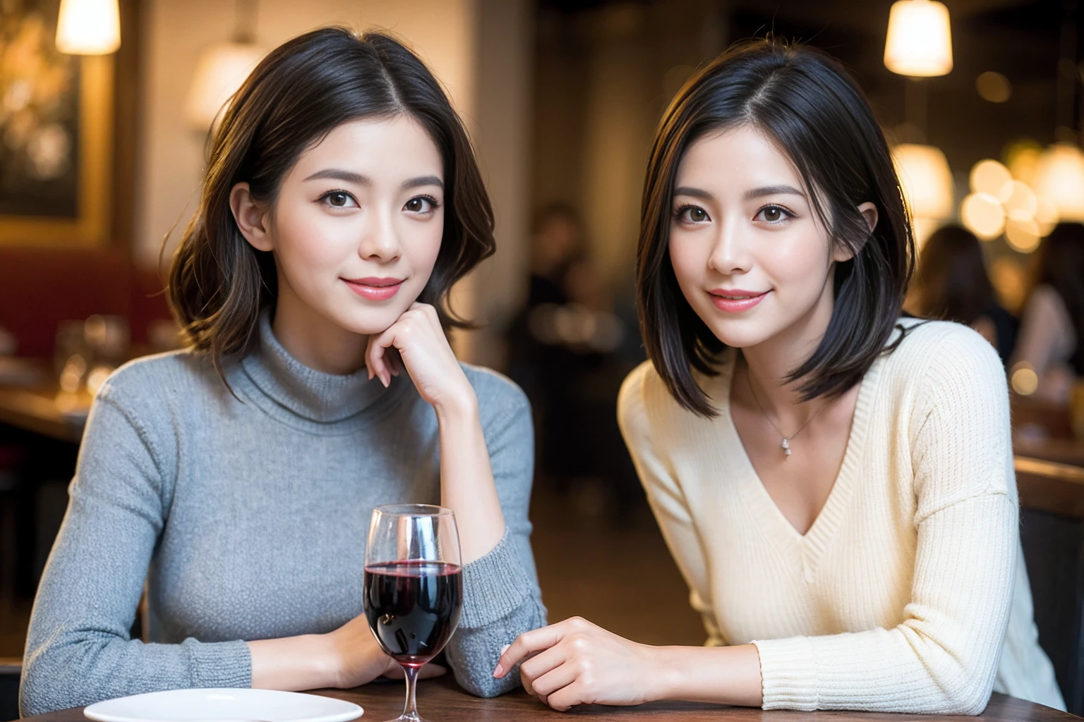 ((Highest quality、8K、masterpiece:1.3))、cute、slimカップル、modelカップル、(Realistic, Intricate details:1.2), full-course dinner、Wine Party、Amazing view of the sunset sky and clouds、A bright smile、The wonderfulness of smile、Bright image、The beauty of wine, Beautiful Face, blue eyes, The light shines on your face, Blushing, short hair,Bright Face、 (Age 37), 39 years old, red wine 、Appetizers、Italian food、Wine bottle、Champagne、sparkling wine、Two beauties、Brown Hair、Shortcuts、Long sleeve shirt、dress、Beautiful woman 1, (slimな顔), (The body is slim), (Brown Hair), (Shortcuts), cheeks turn a little red,Attractive beauty、restaurant, In a prominent place (From the waist up) Nova Frog Style, actress, model, Upper Body, White wine, slim, wine glass, 中央に置かれたwine glass, smile, (smile: 1.15), Beautiful fine grain, Depth f/2,saturation, High Contrast, Strong light and shadow,Moist Body:1.5、3D texture、Delicate eyes、Brown Hair、The hair is very shiny、