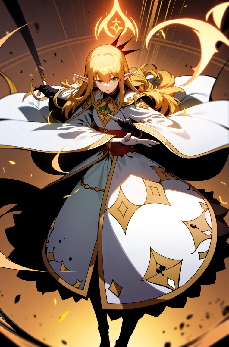 short art style:0.7), punctuation_9, punctuation_8_High above, punctuation_7_High above, punctuation. Girl with long wavy hair, they are brilliant, and blonde. round green eyes, heart-shaped lips, thin eyebrows, medieval elf clothing, elf ears, skin fair, broadshouldered, medium height, fluffy and soft skin, light red lips, wavy fringe, bow with arrows in the back, gloves that show fingers, ankle boots, and eye mark popularly known as Hand of Fátima, Hamsa or Hamsa, This symbol of Islamic origin has crossed different religions and cultures. (Detailed fighting pose with bow)