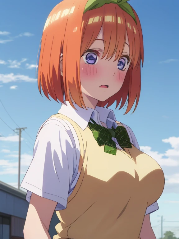 best quality, insanely detailed,yotsuba nakano, breasts, blush, back style, look into the distance, school background, sweater vest, white shirt, bowtie, short sleeves