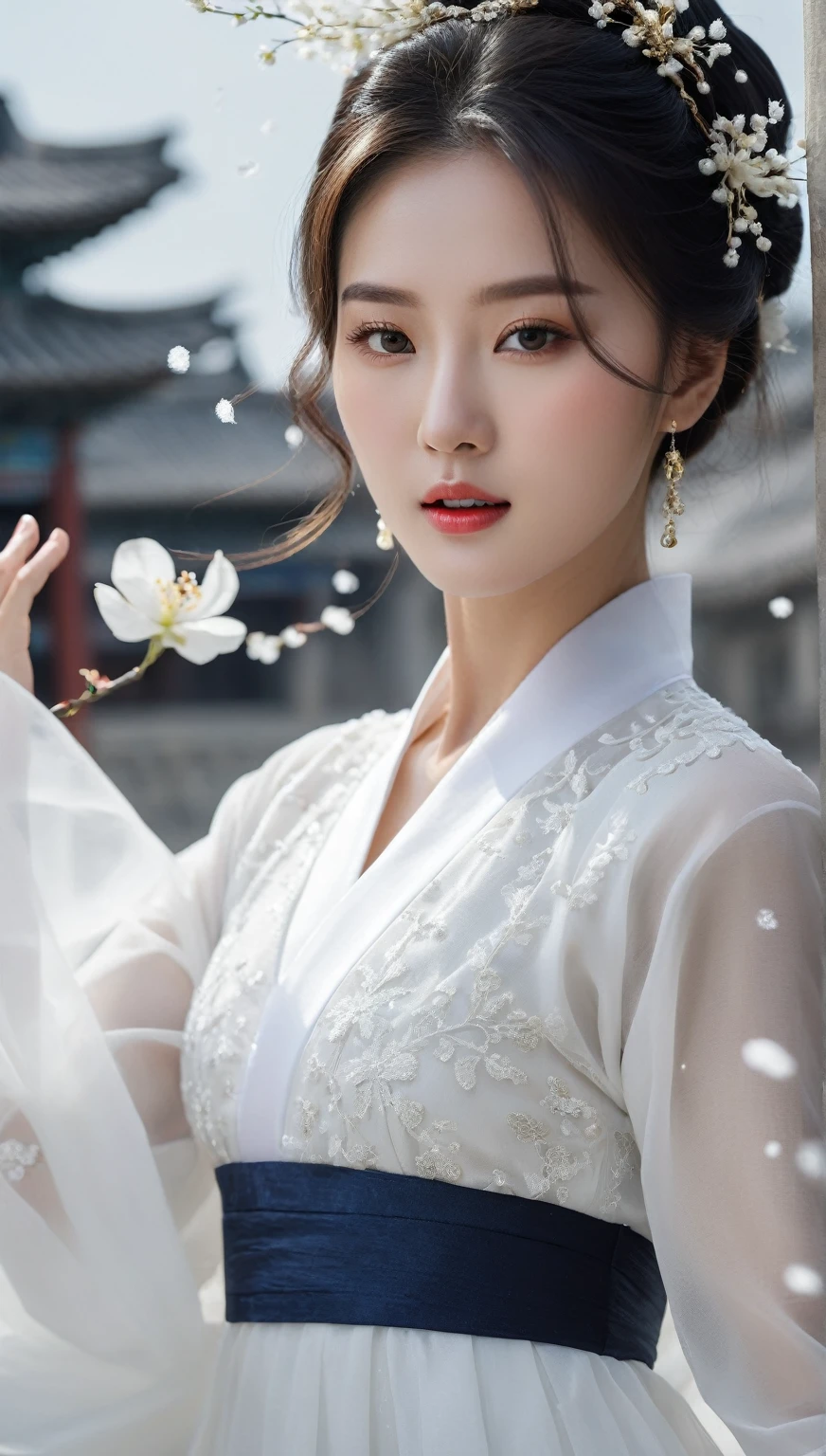 beautiful Korean woman, (((Mikamaria))), (motion blur:1.3), abnormally stunning beautiful face, black and white close-up,woman in intricate pure white hanbok dress, spinning frantically, translucent tingling air particles on dress hem, in ancient china, professional fashion photography,UHD, 4k, 8k